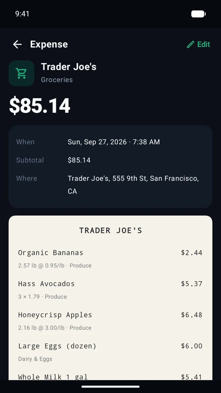 Receipt with every item, price per pound and category