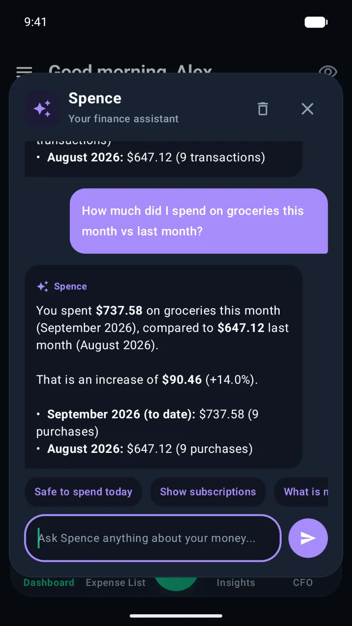 Spence chat answering how grocery spending compares to last month