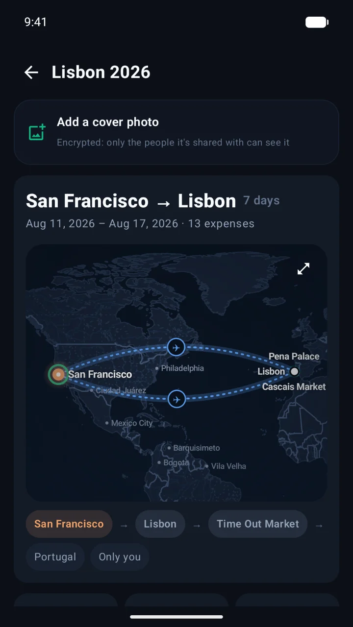 Trip from San Francisco to Lisbon drawn on a map